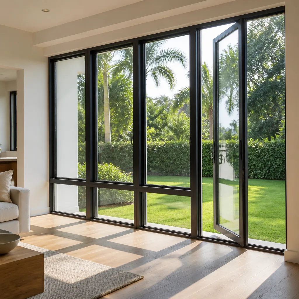 Modern black-framed glass window and door installation overlooking a tropical garden